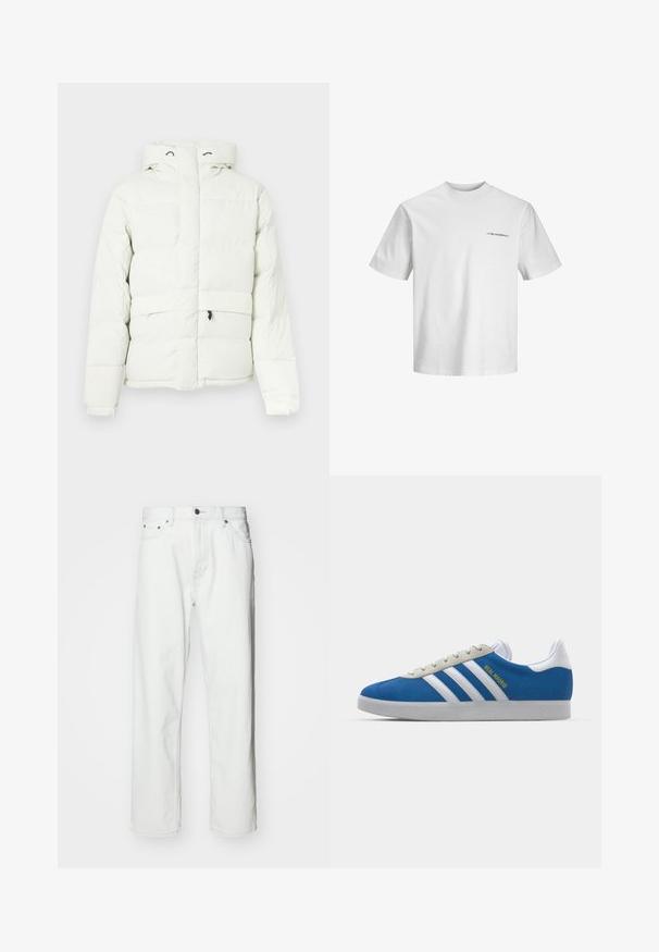 Fehér puffertakó kapucnival, cipzáras záródással, steppelt mintázattal, két elülső zsebbel és diszkrét márkázással a mellrészen.; Fehér pamut póló, kerek nyakú, rövid ujjú, apró fekete felirattal a bal oldalon. Sima textúra, laza fazon.; Fehér farmernadrág egyenes szabással, öt zsebbel, gombos záródással és diszkrét varrási részletekkel. Simább textúrájú és minimalista stílusú.; adidas Originals ADIDAS GAZELLE SHOES - Beltéri futballcipő - real madrid/bluebird/footwear white/crew yellow