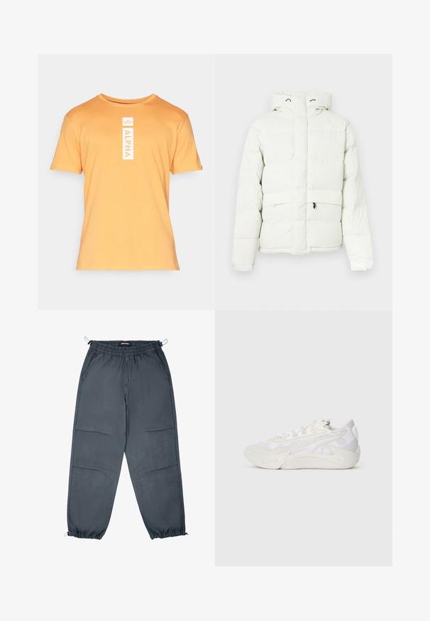 Valge puhvjakilega jakk kapuutsiga, millel on tõmblukk, quiltitud disain, kaks esist taskut ja peen brändimine rinna piirkonnas.; Lühikeste varrukatega oranž puuvillane T-särk, millel on ümar kaelus. Esipinnal on vertikaalne valge "ALPHA" graafika.; Hallid joggingupüksid elastse vöökoha, küljetaskute ja elastsete varrukatega, millel on sile tekstuur ja sirge lõige.; Külgvaade valgest ja helesinistest tossudest, millel on abstraktne laineline kujundus ja paks tall. Taust on lihtne valge.