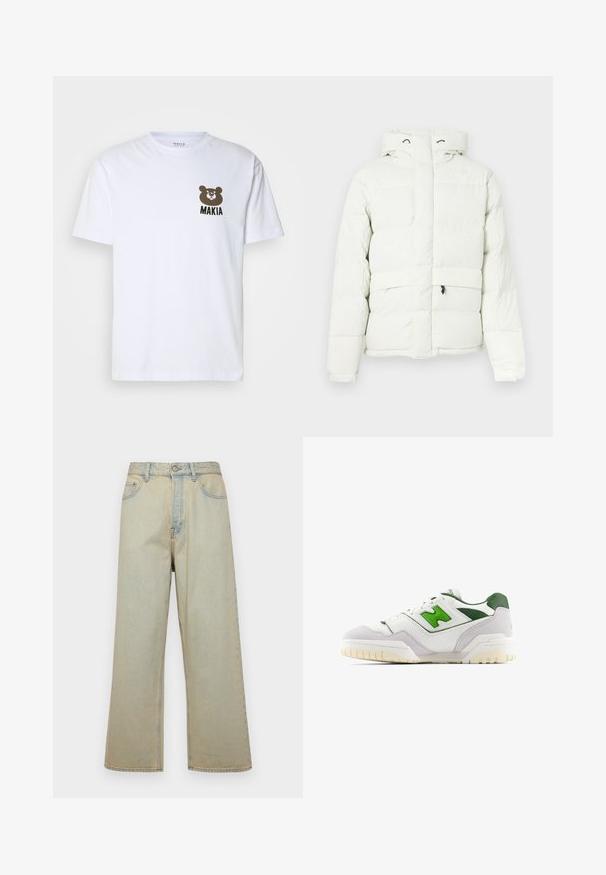 Valkoinen puffatakki huppulla, jossa on vetoketjukiinnitys, tikattu muotoilu, kaksi etutaskua ja hillitty brändäys rinnassa.; Valkoinen puuvillateeppari, jossa on ruskean karhun graafinen kuvasto ja "MAKIA" -teksti vasemmassa rinnassa. Klassinen pyöreä kaula-aukko ja lyhyet hihat.; Vaaleansiniset leveät farkut, jotka on valmistettu denimistä ja joissa on haalistunut pinta. Varustettu viidellä taskulla ja etunappikiinnityksellä.; Valkoiset tennarit vihreillä yksityiskohdilla, valmistettu nahasta ja mokasta. Ominaisuuksiin kuuluu teksturoitu päällinen, pehmustettu varsi ja kumipohja, jossa näkyvät urat.