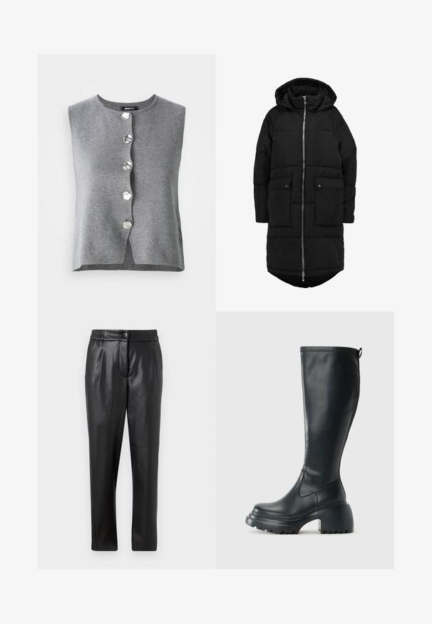 Must must coat kapuutsiga, pikk disain, esiküljel lukk, kaks välist taskut ja kergelt kaardus hem. Omab tikandit.; Hallide hallikardigan, mis on valmistatud pehmest kudumiskangast, ümmarguse kaeluse ja kuue kuusnurkse hõbedase nööbiga esitükk. ; Mustad nahkpüksid, millel on sile tekstuur, sirge lõige, elastne vöökoht ja esine nupuga sulgemine; volditud detailid ja kitsenevad sääred.; Kõrge must nahksaapad, millel on massiivne platvormi tald ja blokk-kand, varustatud tõmbenööriga ja tekstuuriga väljatõmbejääk.