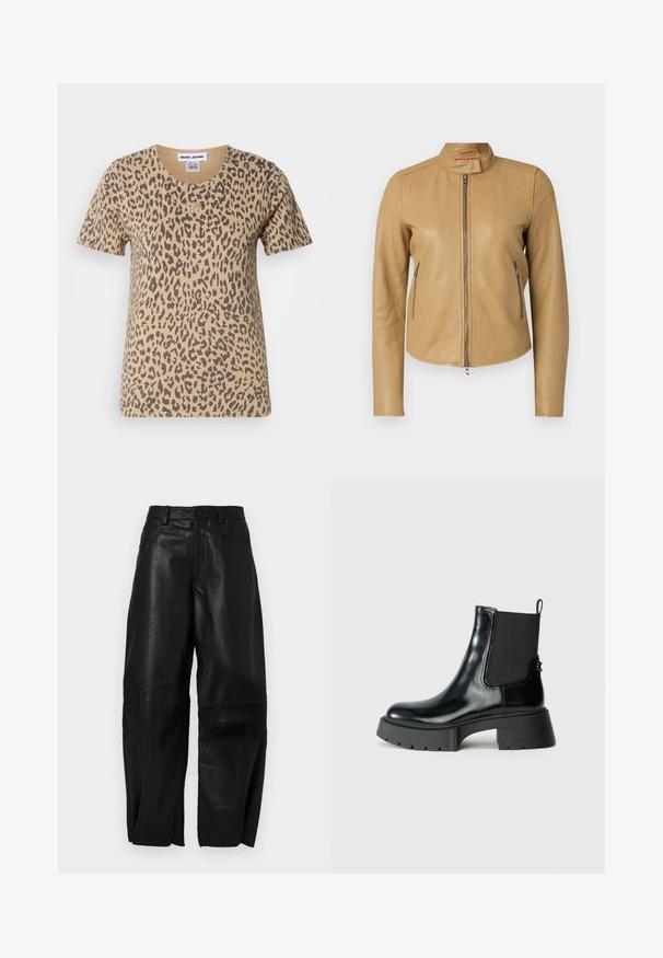 Pruun nahkast jope kõrgendatud kraega, esise lukuga ja kahe külgise lukuga taskuga. SilMapaigutuse sujuv tekstuur, sobiv lõikega ja kumer hemline.; Lühikese varrukaga beež T-särk, millel on leopardimuster, ümmargune kaelus ja väike kuldne logo esiküljel.; Mustad nahkpüksid, millel on lõtva istuvus, sirge jalgade disain, esikotid ja nähtavad õmblusdetailid.; Mustad mustan nahast kingad, millel on elastsed külgpaneelid, tõmbeaas ja paks kummist tald, millel on tekstuuriga mustrimuster.