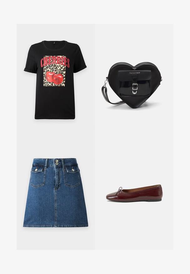 Černá kožená bunda s cropovaným střihem, která má zipový přední díl, boční zipové kapsy, ramenní klopy a páseček v pase.; Černé tričko s krátkým rukávem s leopardím vzorem v čtvercovém provedení, na kterém jsou červené třešně a text "CHERRIES" tučným červeným písmem. Hladká bavlněná látka.; Denimová sukně v tmavě modré barvě, s úzkým pasem, dvěma předními kapsami, dvěma zadními kapsami a stříbrně tónovanými knoflíky.; Burgundské lakové baleríny s kulatou špičkou, malou mašlí vpředu a nízkou černou gumovou podrážkou. Hladký povrch.; Černá taška ve tvaru srdce vyrobená z lakované kůže, s přední kapsou a uzávěrem na přezku, a s odnímatelným popruhem. Stříbrné kovové detaily.