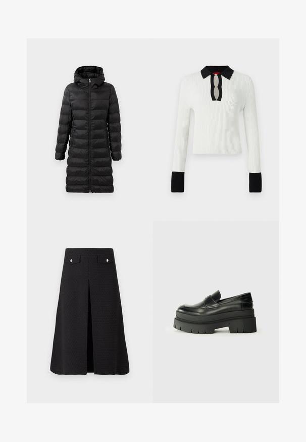 Cappotto imbottito nero, di lunghezza al ginocchio, con cappuccio, caratterizzato da un motivo trapuntato orizzontale, chiusura frontale con zip e tasche laterali.; Top bianco a costine con colletto e polsini neri, caratterizzato da un dettaglio a forma di chiave sul collo. Maniche lunghe e design aderente.; Gonna nera al ginocchio in tessuto testurizzato, con spacco frontale e due dettagli metallici in vita. Presenta un design pulito e sartoriale.; Mocassini neri in pelle con suola piatta spessa. Punta arrotondata, dettaglio della cucitura frontale e accenti di cucitura sottili. Suola piatta e testurizzata.