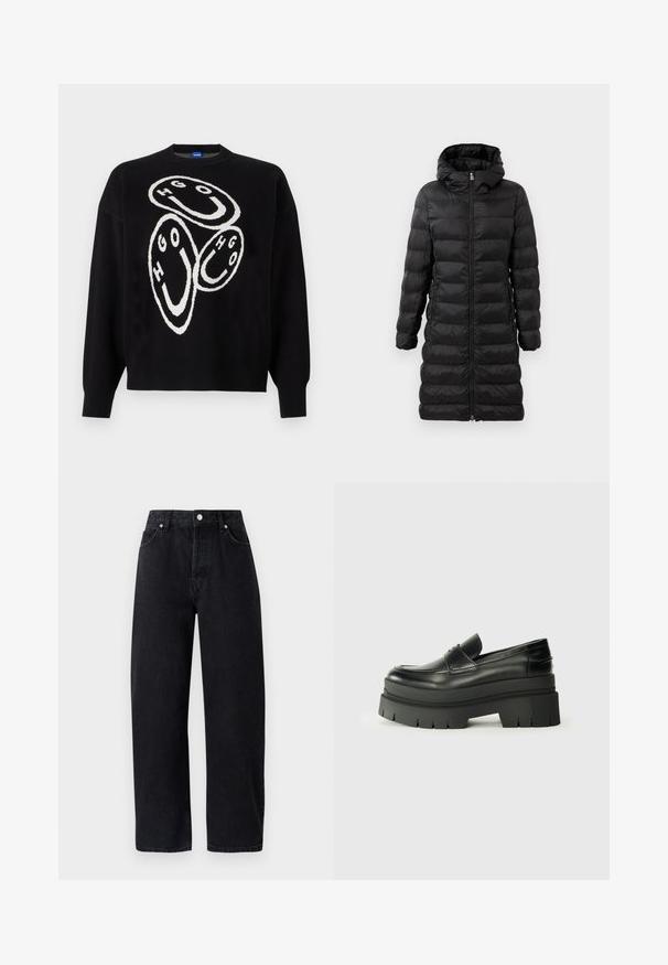 Black puffer coat, knee-length, with a hood, featuring horizontal quilted pattern, front zipper closure, and side pockets.; Black knitted sweater featuring white graphic design with circular shapes and the letters "HGO." Ribbed cuffs and hem accentuate the structure.; High-waisted, straight-leg black denim jeans with five pockets, metal rivets, and tonal stitching. Smooth texture, minimalistic design.; Black leather loafers with a chunky platform sole. Rounded toe, front seam detail, and subtle stitching accents. Flat, textured outsole.