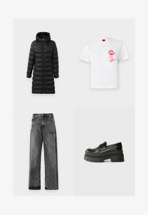 Crni puffer kaput, do koljena, s kapuljačom, s horizontalnim prešanim uzorkom, prednjim zatvaračem i bočnim džepovima.; Bijela pamučna majica kratkih rukava s printom ružičaste usne i grafikom ruža za usne, uz tekst "La Nuit Devious."; Široke crne traperice s izblijedjelim pranjem, s istrošenim detaljima sprijeda i standardnim dizajnom s pet džepova.; Crne kožne mokasine s debelim platformom. Zaobljen vrh, detalj s prednjim šavom i suptilni akcenti šivanja. Ravni, teksturirani potplat.