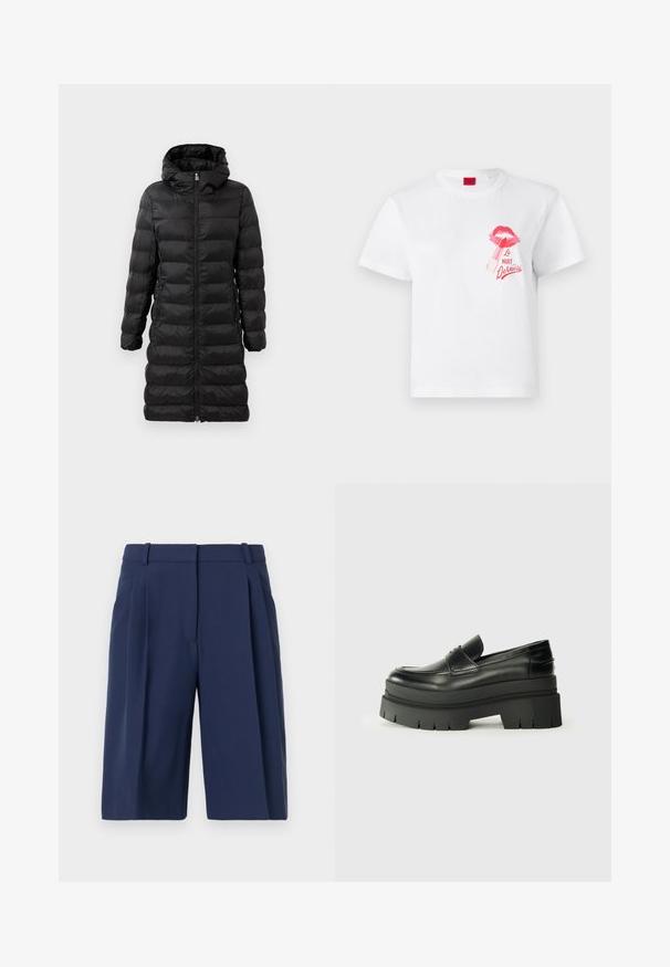 Černý péřový kabát, do kolen, s kapucí, s vodorovně prošívaným vzorem, předním zipem a bočními kapsami.; Bílá bavlněná trička s krátkým rukávem, zdobená růžovým potiskem rtů a grafikou rtěnky, spolu s textem "La Nuit Devious."; Námořnické modré šortky s upraveným střihem, s sklady na přední části, poutky na pásek a hladkou texturou látky, délka ke kolenům.; Černé kožené loafers s robustní platformovou podrážkou. Kulatá špička, přední šev a jemné akcenty prošití. Plochá, texturovaná podrážka.