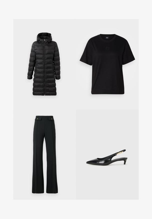 Fekete puffernadrág, térd hosszúságú, kapucnival, vízszintes tűzött mintával, elöl cipzárral záródik, és oldalsó zsebekkel rendelkezik.; Fekete pamut póló kerek nyakkivágással, rövid ujjakkal és hímzett logóval a mellkasán. Egyszerű, laza szabás, minta nélkül.; Magas derékú, fekete, bővülő nadrág, elülső varrás részletekkel és két aranygombos, hajtókás zsebbel a deréknál.; Fekete bőr slingback magassarkúk, hegyes orral, vékony sarkakkal és arany színű részlettel a állítható pánton. Simа felület.