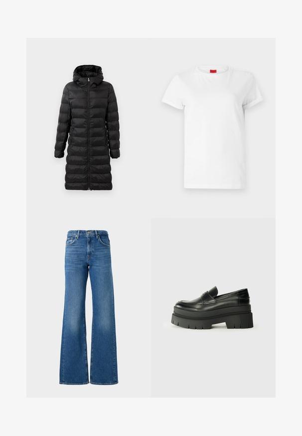 Fekete puffernadrág, térd hosszúságú, kapucnival, vízszintes tűzött mintával, elöl cipzárral záródik, és oldalsó zsebekkel rendelkezik.; Fehér, rövid ujjú póló, könnyű pamutból készült. Kerek nyakkivágással és felgöngyölt ujjakra rendelkezik. Piros logós címke a galléron.; Széles szárú, kék farmernadrág, elhalványult kivitelben, denim anyagból készült, klasszikus öt zsebes kialakítással és sárgaréz gombos zárással a dereknál.; Fekete bőrcipők vastag platform talppal. Lekerekített orr, elülső varrás részletek és finom varrási díszítések. Lapos, texturált talp.