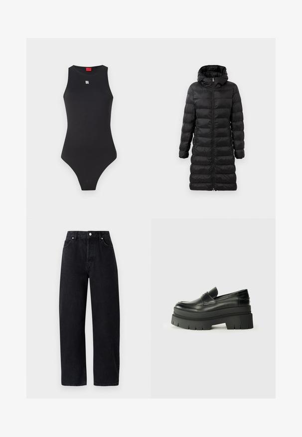 Melnā pūka jaka, līdz ceļiem, ar kapuci, kam ir horizontāli izšūti raksti, priekšējā rāvējslēdzēja aizdare un sānu kabatas.; Melna bodija ar bez piedurknēm, izgatavota no gludas materiāla. Iedvesmojusi ar mazu balto logo uz krūtīm un augstu griezumu kājās.; Augsta vidukļa, taisna griezuma melnas džinsu bikses ar piecām kabatām, metāla kniedēm un toņu šuvēm. Gluda tekstūra, minimālisma dizains.; Melnas ādas loafers ar masīvu platformas zoli. Noapaļota purngala forma, priekšējā šuvju detaļa un smalki šuvju akcenti. Plakana, teksturēta zole.