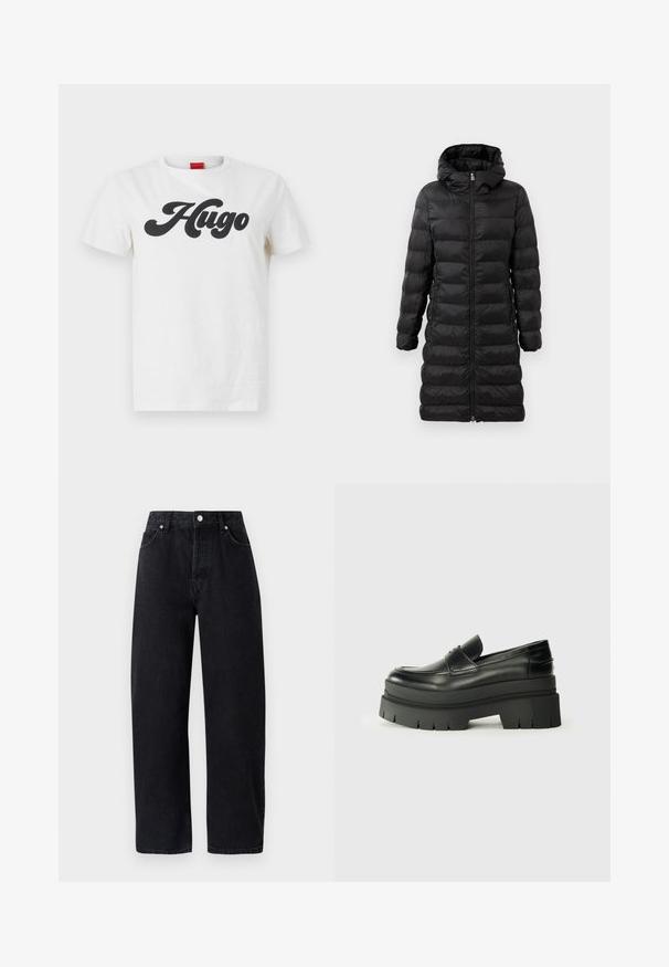 Schwarze Puffjacke in knielanger Ausführung mit Kapuze, versehen mit horizontalem Steppmuster, vorderem Reißverschluss und seitlichen Taschen.; Weißes Baumwoll-T-Shirt mit kurzen Ärmeln, das auf der Vorderseite mit einem großen schwarzen "Hugo"-Logo bedruckt ist. Klassisches Rundhalsausschnitt-Design.; Hoch taillierte, gerade geschnittene schwarze Denim-Jeans mit fünf Taschen, Metallnieten und tonalem Nähen. Glatte Textur, minimalistisches Design.; Schwarze Lederloafer mit einer klobigen Plateausohle. Abgerundete Spitze, Nahtdetail auf der Vorderseite und dezente Nähte. Flache, strukturierte Außensohle.