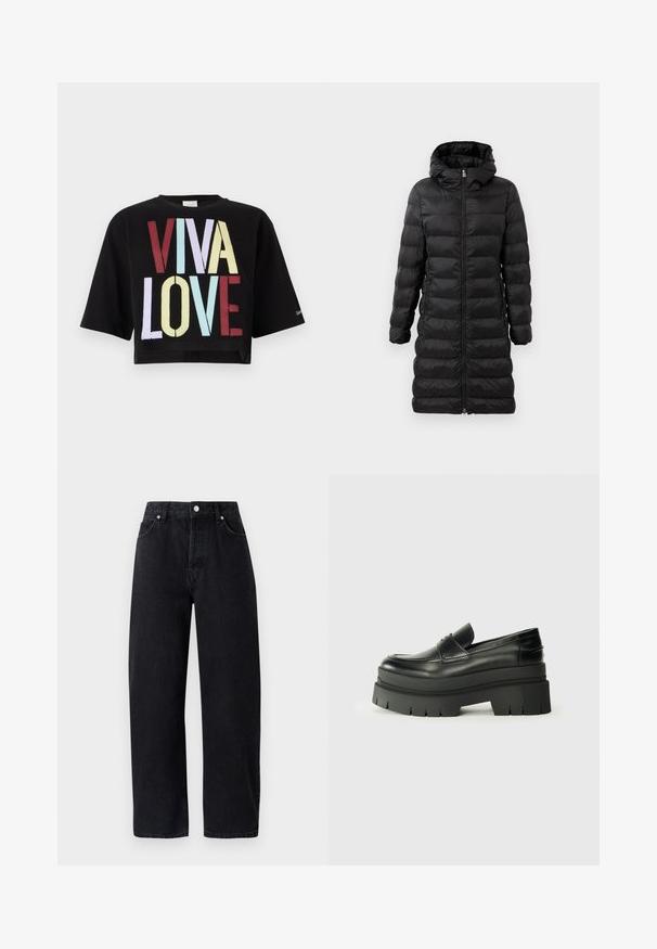 Černý péřový kabát, do kolen, s kapucí, s vodorovně prošívaným vzorem, předním zipem a bočními kapsami.; Černé zkrácené tričko s odvážným grafikou "VIVA LOVE" v červeném, žlutém, modrém a světle fialovém písmu. Krátké rukávy a kulatý výstřih.; Černé džíny s vysokým pasem a rovnými nohavicemi, s pěti kapsami, kovovými nýty a tónovaným prošíváním. Hladká textura, minimalistický design.; Černé kožené loafers s robustní platformovou podrážkou. Kulatá špička, přední šev a jemné akcenty prošití. Plochá, texturovaná podrážka.