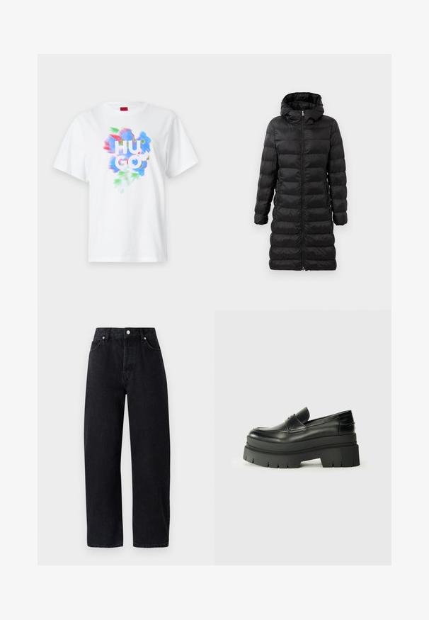 Čierna prešívaná bunda, po kolená, s kapucňou, so horizontálnym prešívaním, predným zipsom a bočnými vreckami.; Biela bavlnená tričko s farebným abstraktným dizajnom v modrej, červenej a zelenej farbe, s výrazným nápisom "HUGO" uprostred.; Čierne denimové džínsy s vysokým pásom a priame nohavice, s piatimi vreckami, kovovými nitmi a tónovaným prešívaním. Hladká textúra, minimalistický dizajn.; Čierne kožené loafers s masívnou platformou. Zaoblená špička, predný šev a jemné švy. Plošná, štruktúrovaná podrážka.