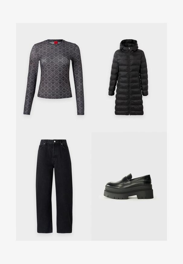Svart dunjakke, kne-lengde, med hette, med horisontalt quiltet mønster, frontglidelås og sidelommer.; Langermet skjorte i svart og grått med geometrisk mønster. Har rund hals og logodetalj foran og bak. Glatt tekstur.; Høyt liv, rette ben svart denim jeans med fem lommer, metallnitter og ton-i-ton søm. Glatt tekstur, minimalistisk design.; Svarte skinnloafers med en kraftig plattformsåle. Rund tå, fremre sømdetalj og subtile sømdetaljer. Flat, teksturert yttersåle.