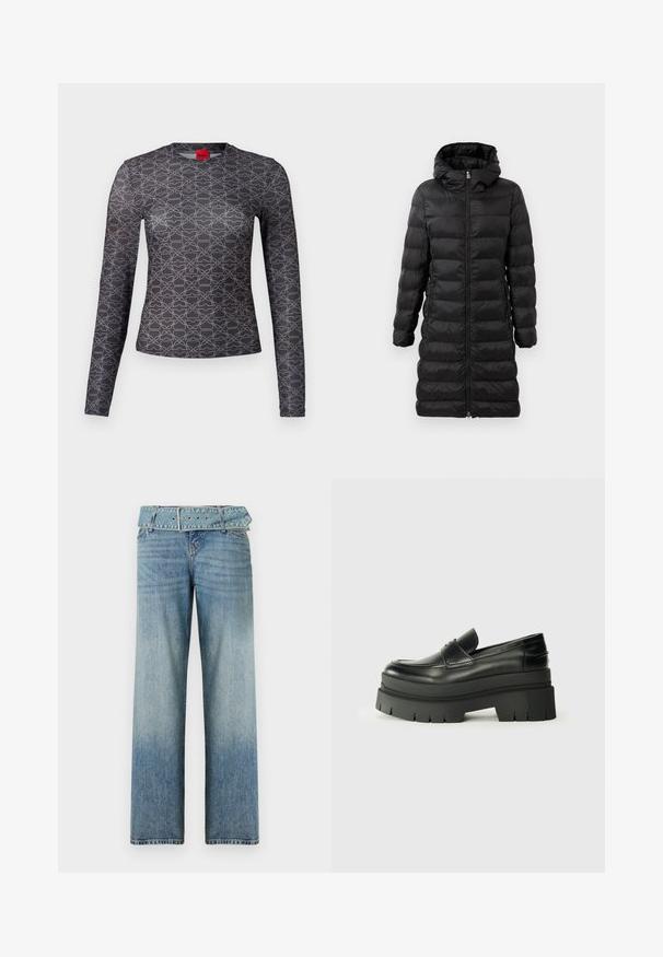 Cappotto imbottito nero, di lunghezza al ginocchio, con cappuccio, caratterizzato da un motivo trapuntato orizzontale, chiusura frontale con zip e tasche laterali.; Camicia a maniche lunghe in nero e grigio con un motivo geometrico. Presenta un collo a giro e dettagli con il logo sul fronte e sul retro. Tessuto liscio.; Jeans in denim azzurro chiaro con un design a gamba larga, dotati di una vita con cintura coordinata e una graduale sfumatura da scuro a chiaro.; Mocassini neri in pelle con suola piatta spessa. Punta arrotondata, dettaglio della cucitura frontale e accenti di cucitura sottili. Suola piatta e testurizzata.