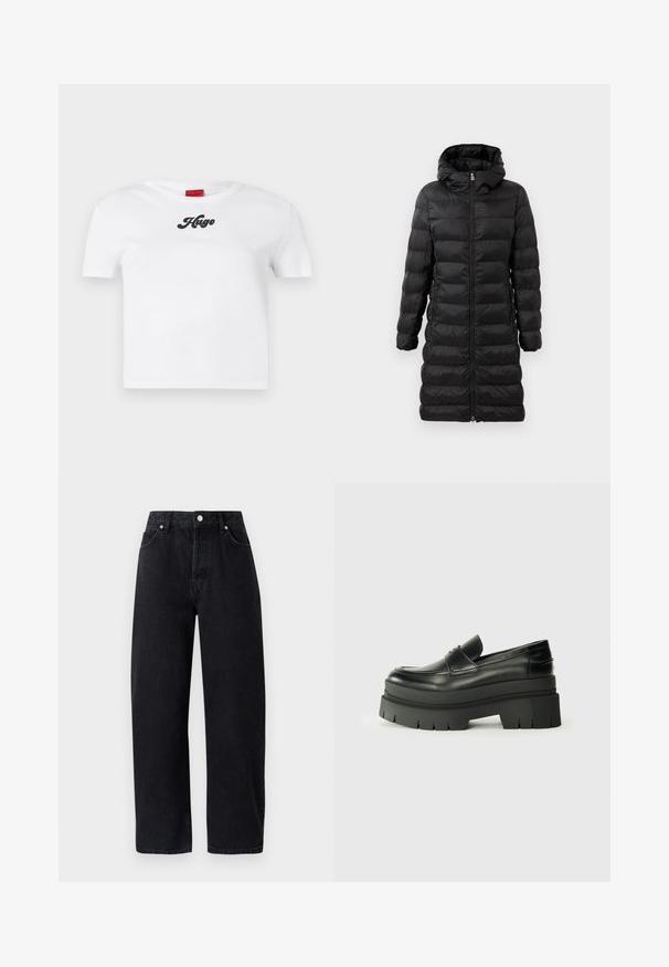 Juodas pūkinis paltas, iki kelių, su gobtuvu, su horizontaliu dvigubu siuvinėjimu, priekyje užtrauktukas ir šoninės kišenės.; Balta medvilnė trumpomis rankovėmis marškinėliai su apvalia iškirpte ir juodu "Hugo" užrašu centre. Lygus paviršius, paprastas dizainas.; Aukštai užsegamos, tiesaus kirpimo juodos džinsinės kelnės su penkiomis kišenėmis, metalinėmis papuošalais ir toniniu siuvinėjimu. Lygus paviršius, minimalistiškas dizainas.; Juodos odinės loafers tipo bateliai su masyviu platformos padu. Suapvalintas pirštas, priekinė siuvimo detalė ir subtilūs siuvinėjimo akcentai. Lygus, tekstūruotas padas.