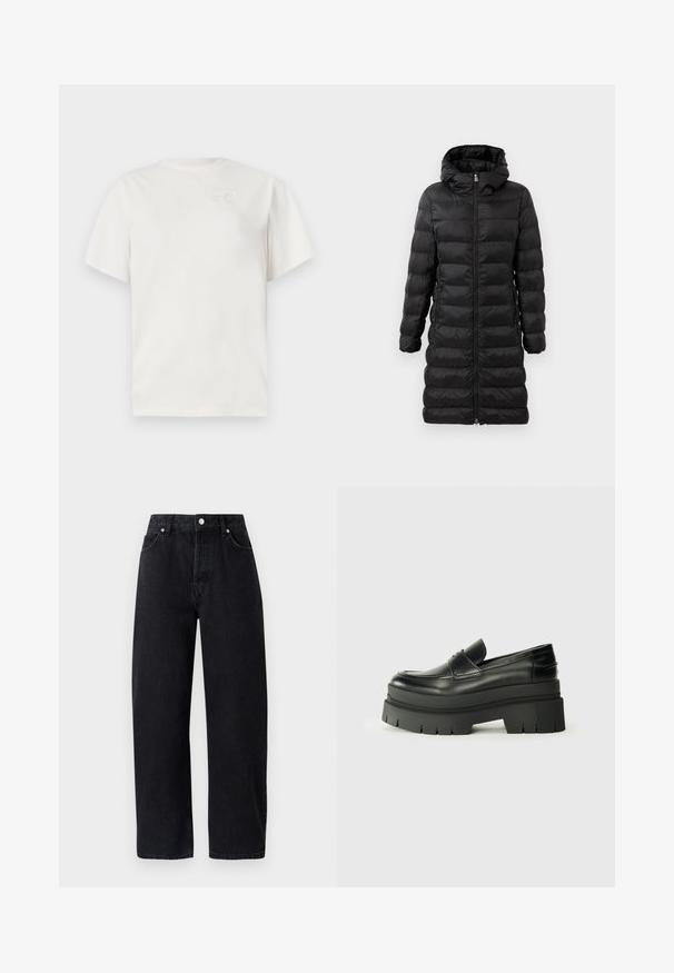 Černý péřový kabát, do kolen, s kapucí, s vodorovně prošívaným vzorem, předním zipem a bočními kapsami.; Bílý bavlněný tričko s kulatým výstřihem, krátkými rukávy a jemně vyraženým logem na hrudi. Hladká struktura a pohodlný střih.; Černé džíny s vysokým pasem a rovnými nohavicemi, s pěti kapsami, kovovými nýty a tónovaným prošíváním. Hladká textura, minimalistický design.; Černé kožené loafers s robustní platformovou podrážkou. Kulatá špička, přední šev a jemné akcenty prošití. Plochá, texturovaná podrážka.