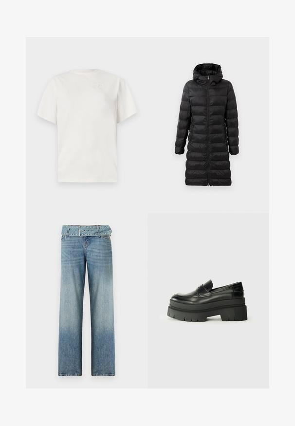Black puffer coat, knee-length, with a hood, featuring horizontal quilted pattern, front zipper closure, and side pockets.; White cotton t-shirt with a crew neck, short sleeves, and a subtle embossed logo on the chest. Smooth texture and relaxed fit.; Light blue denim jeans with a wide-leg design, featuring a matching belted waist and a gradual fade from dark to light.; Black leather loafers with a chunky platform sole. Rounded toe, front seam detail, and subtle stitching accents. Flat, textured outsole.