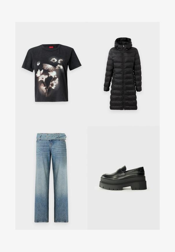 Melnā pūka jaka, līdz ceļiem, ar kapuci, kam ir horizontāli izšūti raksti, priekšējā rāvējslēdzēja aizdare un sānu kabatas.; Melns kokvilnas t-krekls ar lielu baltu ziedu un tauriņa grafiku uz priekšpuses. Īsas piedurknes un apaļa kakla izgriezums.; Gai zila džinsu bikses ar plašu kāju dizainu, ar saderīgu jostu pie vidukļa un pakāpenisku izbalēšanu no tumšas uz gaišu.; Melnas ādas loafers ar masīvu platformas zoli. Noapaļota purngala forma, priekšējā šuvju detaļa un smalki šuvju akcenti. Plakana, teksturēta zole.