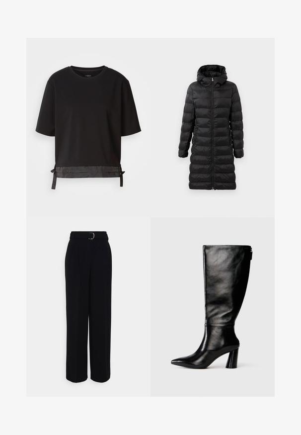 Black puffer coat, knee-length, with a hood, featuring horizontal quilted pattern, front zipper closure, and side pockets.; Black short-sleeve T-shirt made of soft fabric, featuring a satin-like accent at the hem with adjustable ties for fit.; Black tailored pants with a wide-leg silhouette, featuring a belt with a silver buckle, pleats, and a smooth fabric texture.; Knee-high black leather boot with a pointed toe, smooth texture, and a chunky heel. Features a zipper detail at the back.