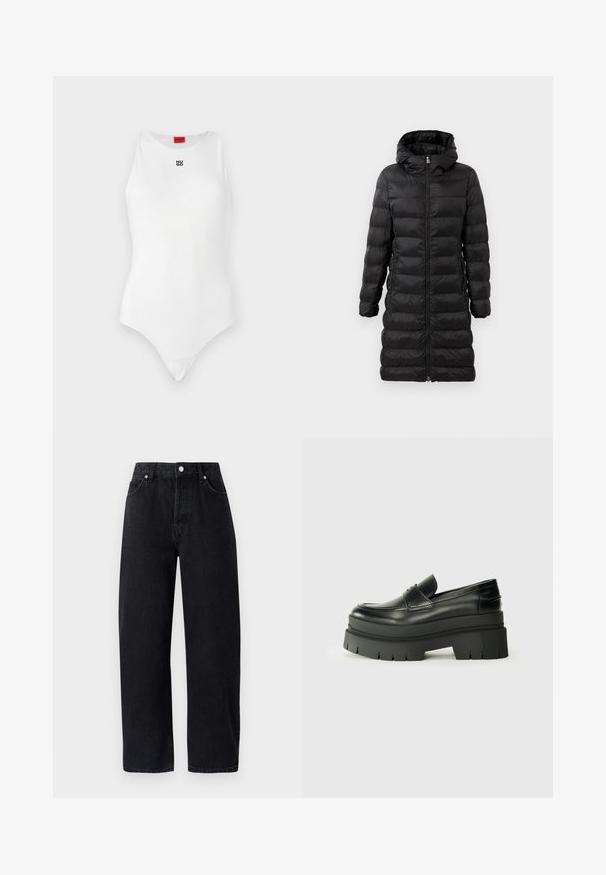 Črna napihnjena jakna, do kolen, s kapuco, z vodoravnim prešitjem, sprednjim zadrgo in stranskimi žepi.; Bela bodysuit z brezrokavnim dizajnom, okroglim ovratnikom in minimalnim črnim logotipom "HUGO" na sprednji strani. Gladka tekstura in prilegajoča se oblika.; Visoko pasovi, ravne noge črni denim kavbojke z petimi žepi, kovinskimi zakovicami in tonalskim šivanjem. Gladka tekstura, minimalističen dizajn.; Črne usnjene loafer čevlje s debelim platformastim podplatom. Okrogla oblika, detajl na sprednji šivi in subtilni šivi. Raven, teksturiran podplat.