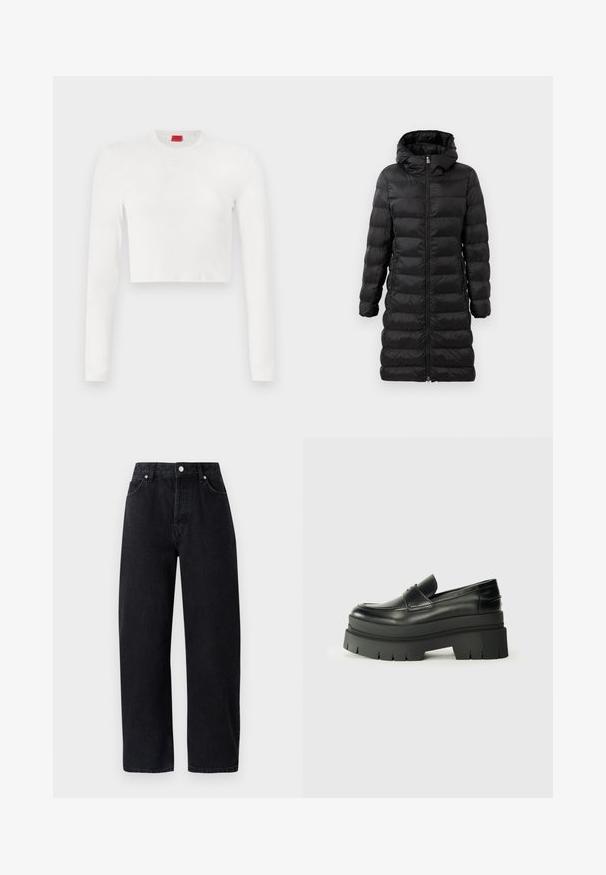 Fekete puffernadrág, térd hosszúságú, kapucnival, vízszintes tűzött mintával, elöl cipzárral záródik, és oldalsó zsebekkel rendelkezik.; Fehér, rövidített, hosszú ujjú felső sima anyagból. Kerek nyakú, és diszkrét logó részlet található a mellkason.; Magasan szabott, egyenes lábú fekete farmernadrág öt zsebbel, fém szegecsekkel és tónusos varrással. Sima textúra, minimalista design.; Fekete bőrcipők vastag platform talppal. Lekerekített orr, elülső varrás részletek és finom varrási díszítések. Lapos, texturált talp.