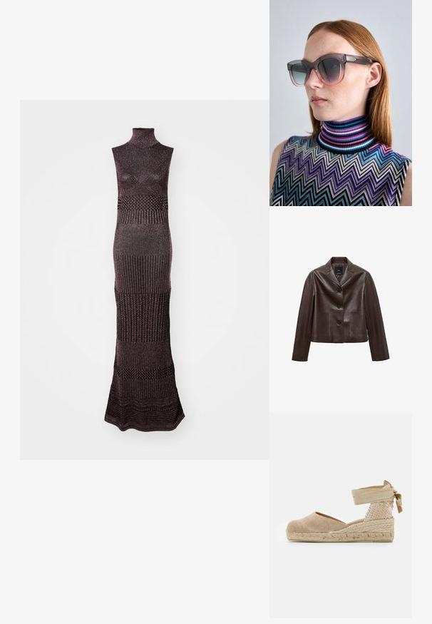 Hnedá kožená skrátená bunda s výrezovým golierom, tromi gombíkmi a dvoma prednými vreckami. Hladká textura s mohutným tvarom.; Missoni SLEEVELESS LONG DRESS - Svetríkové šaty - black/pink base; béžové espadrilky s plátenným zvrškom, textúrovanou tkanou pätou a pletenou juta podrážkou; obsahujú viazaný remienok okolo členka pre bezpečné uchytenie.; Predimenzionované gradientové slnečné okuliare s tmavým rámom a tónovanými šošovkami, nosené s vzorovaným, viacfarebným topom bez rukávov s vysokým golierom.