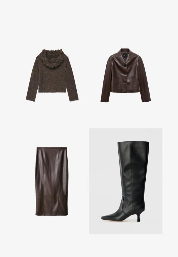 Giacca cropped in pelle marrone con colletto a revers, tre bottoni e due tasche frontali. Texture liscia con una forma strutturata.; Maglione marrone a maglia con colletto alto arricciato e maniche lunghe. Morbido al tatto, design cropped e una miscela di fibre marroni scure e chiare.; Gonna a matita in pelle marrone con una texture liscia, lunga fino al ginocchio, caratterizzata da cuciture verticali per il design. Senza accessori o dettagli aggiuntivi.; Stivale alto in pelle nera con punta affusolata, design elegante e tacco a cono di 3 pollici. Caratterizzato da un accento dorato sul retro.