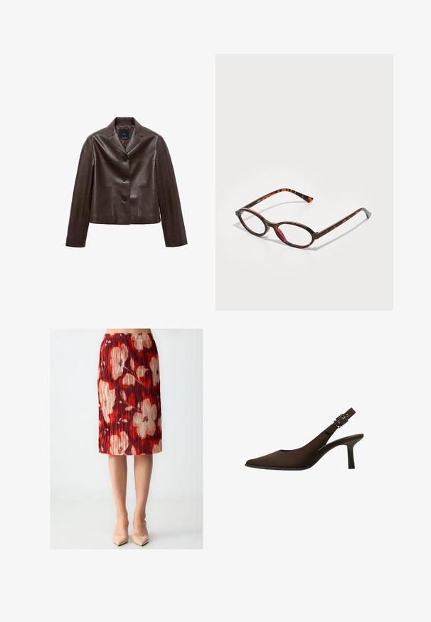 Bruine leren cropped jack met een notch-kraag, drie knopen en twee voortassen. Glad textuur met een gestructureerde vorm.; Bruine mouwloze jurk met een gedrapeerde halslijn en asymmetrisch ontwerp, met kantaccenten langs de onderrand. Glad stoffen textuur.; Plissée rok met opvallende rode, witte en beige bloemenpatronen. Elastische taille, knielange snit en een gladde stoffen textuur.; Bruine suede slingback pump met een spitse neus, slank ontwerp, dunne hak en een gespaccent op de enkelband.; Tortoiseshell zonnebril met ovale lenzen, voorzien van een donker montuur met licht en donkerbruine patronen, en slanke, gebogen pootjes.; Beige leren schoudertas met een halve maanvorm, een soepele textuur en een enkele gebogen handgreep. Voorzien van een ritssluiting en nette stiksels.