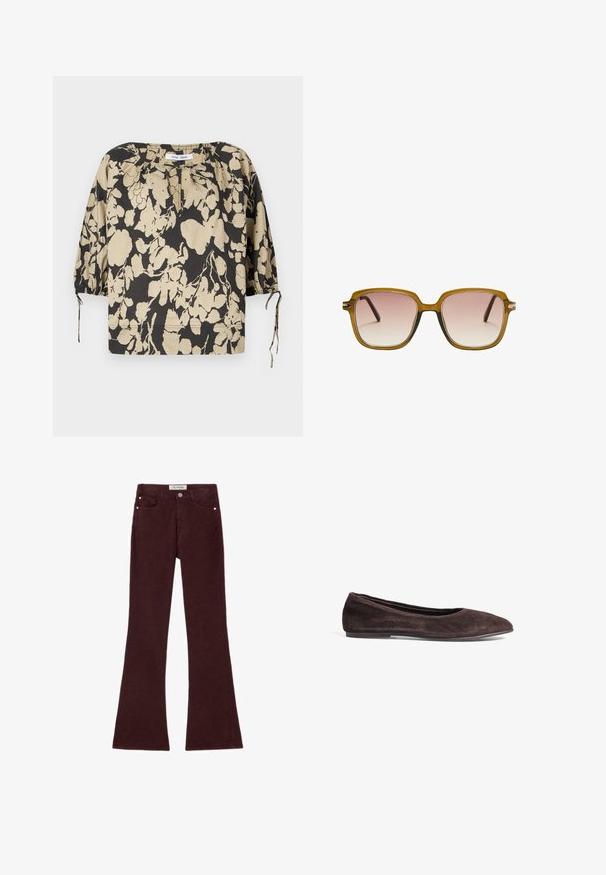 Brązowa skórzana kurtka o kroju krótkim z klapami, trzema guzikami i dwoma przednimi kieszeniami. Gładka faktura z wyraźnie zarysowanym kształtem.; Czarna i beżowa kwiatowa bluzka o luźnym kroju, z okrągłym dekoltem i bufkami na rękawach. Posiada wiązania przy dekolcie oraz elastyczne mankiety.; Burgundowe dżinsy z szerokimi nogawkami wykonane z mieszanki bawełny, z pięcioma kieszeniami, metalowymi elementami i gładką fakturą. Klasyczny krój z zamkiem błyskawicznym z przodu.; Brązowe zamszowe baleriny z wąskim czubkiem i niskim profilem. Charakteryzują się gładką fakturą i minimalistycznym wzornictwem. Brak widocznych elementów metalowych lub dekoracji.; Kwadratowe okulary przeciwsłoneczne z jasnobrązową przezroczystą oprawą, gradientowymi różowymi soczewkami i ciemnoczekoladowymi zausznikami. Minimalistyczny design z subtelnymi akcentami sprzętowymi.
