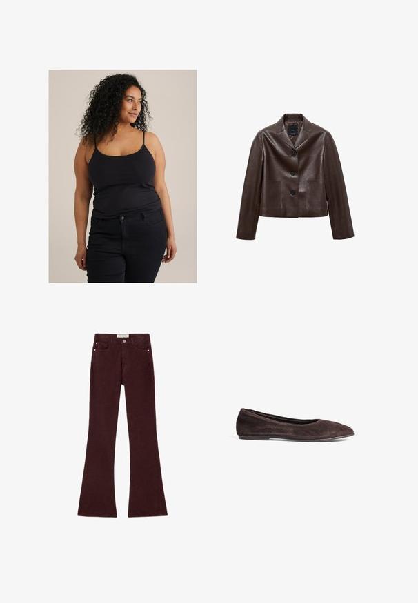 Bruine leren cropped jack met een notch-kraag, drie knopen en twee voortassen. Glad textuur met een gestructureerde vorm.; Zwarte aansluitende tanktop met dunne bandjes, gecombineerd met donkere jeans. De stof lijkt glad met een lichte rek. Minimalistisch ontwerp zonder zichtbare patronen.; Bruine mouwloze bodysuit met vierkante hals, gemaakt van zachte stof. Bevat een drukknoopsluiting aan de onderkant en heeft een aansluitende silhouet.; Bordeaux flared jeans van katoenmix, met vijf zakken, metalen hardware en een gladde textuur. Klassiek ontwerp met rits aan de voorkant.; Bruine suède balletschoenen met een spitsneus en een laag profiel. Kenmerkt zich door een gladde textuur en een minimalistisch ontwerp. Geen zichtbare hardware of accenten.