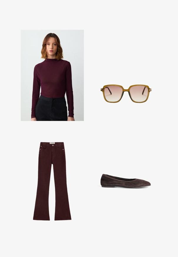 Braune Leder-Cropped-Jacke mit Spitzkragen, drei Knöpfen und zwei vorderen Taschen. Glatte Textur mit strukturierter Form.; Bordeauxfarbener Langarmoberteil mit Stehkragen, weichem Textur und figurbetontem Design, kombiniert mit schwarzen hochtaillierten Hosen.; Bordeauxfarbene ausgestellte Jeans aus einem Baumwollmischgewebe, mit fünf Taschen, Metallbeschlägen und einer glatten Textur. Klassisches Design mit Reißverschluss auf der Vorderseite.; Braune Wildleder-Ballerinas mit spitzem Absatz und niedrigem Profil. Verfügt über eine glatte Textur und ein minimalistisches Design. Keine sichtbaren Beschläge oder Akzente.; Quadratische Sonnenbrille mit einem hellbraunen transluzenten Rahmen, gradienten pinken Gläsern und dunkelbraunen Bügeln. Minimalistisches Design mit subtilen Hardware-Akzenten.; ESTRO DUŻA Z WŁOSKIEJ - Handtasche - dark brown
