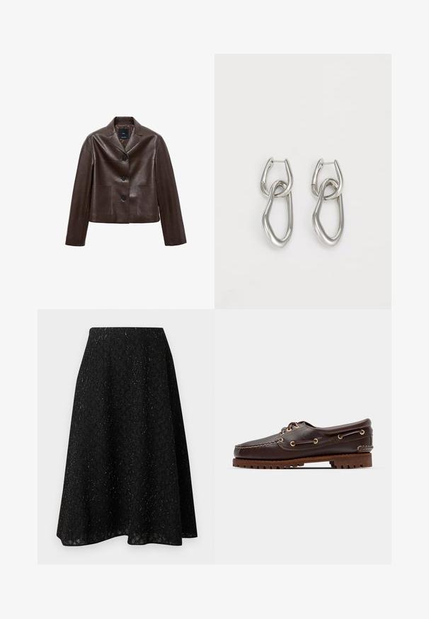 Rjav usnjen kratek jakna z izrezanim ovratnikom, tremi gumbi in dvema sprednjima žepoma. Gladka tekstura z strukturirano obliko.; Bela brezrokavna majica iz gladkega materiala, z zaobljenim izrezom in prilegajočim se silhueto. Brez vidnih vzorcev ali dodatkov.; Črno midi krilo iz teksturirane tkanine z vzorcem v obliki diamantov in rahlim sijajem. A-linijski kroj s tekočo obliko.; Rjave usnjene čolnarske čevlje z zlatimi očesi, okroglicami in teksturiranim rjavim gumijastim podplatom. Ima šivano podrobno obdelavo in dvignjen logotip.; Calvin Klein STATEMENT LINKS - Uhani - silver-coloured