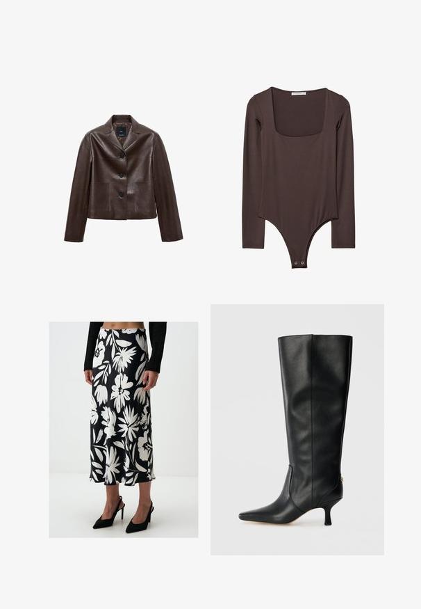 Brązowa skórzana kurtka o kroju krótkim z klapami, trzema guzikami i dwoma przednimi kieszeniami. Gładka faktura z wyraźnie zarysowanym kształtem.; Brązowy body z długim rękawem, z kwadratowym dekoltem i zatrzaskami w okolicy krocza, wykonane z gładkiego, elastycznego materiału.; Czarna i biała spódnica w kwiatowy wzór, wykonana z gładkiego materiału, z designem o średniej długości i swobodnym kroju. Połączona z czarnymi szpiczastymi szpilkami.; Czarne skórzane kozaki do kolan z ostrym noskiem, eleganckim designem i zwężającym się obcasem o wysokości 3 cali. Posiadają złoty akcent z tyłu.
