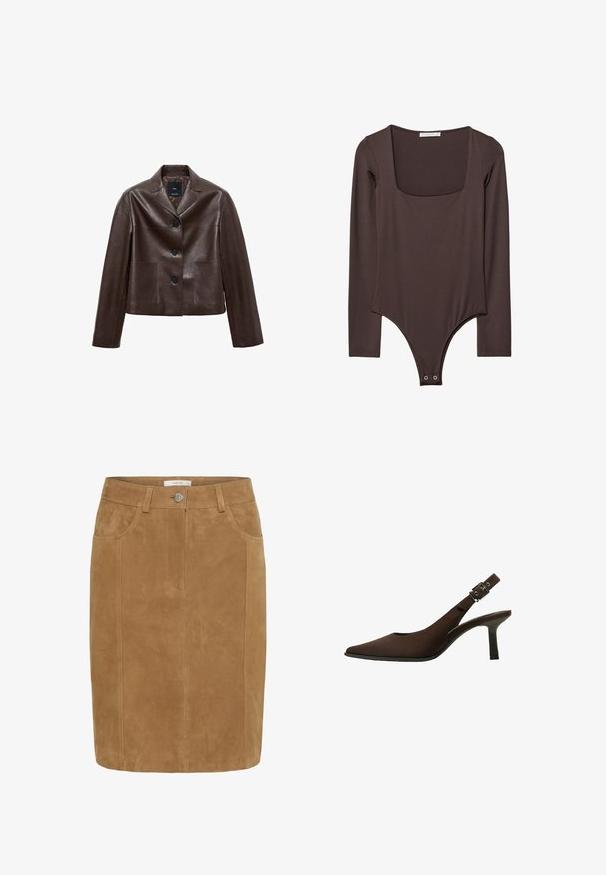 Bruine leren cropped jack met een notch-kraag, drie knopen en twee voortassen. Glad textuur met een gestructureerde vorm.; Bruine lange mouwen bodysuit met vierkante halslijn en drukknoopsluiting bij het kruis, gemaakt van een gladde, rekbare stof.; Bruine suede kokerrok met een gladde textuur, voorzakken, een knoopsluiting en verticale naaddetails.; Bruine suede slingback pump met een spitse neus, slank ontwerp, dunne hak en een gespaccent op de enkelband.