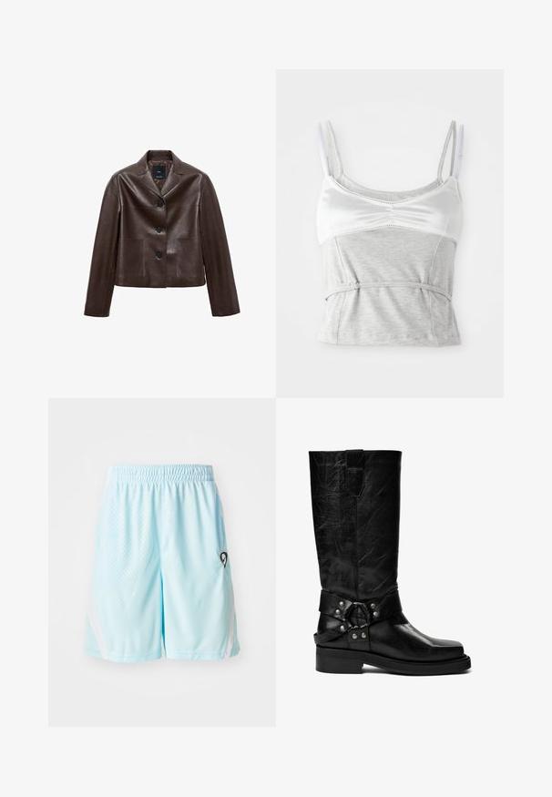 Brązowa skórzana kurtka o kroju krótkim z klapami, trzema guzikami i dwoma przednimi kieszeniami. Gładka faktura z wyraźnie zarysowanym kształtem.; Szaro-biała koszulka na ramiączkach z regulowanymi paskami, z satynową górną częścią i teksturowaną szaro-kottonową dolną częścią, zwężoną w talii.; Jasnoniebieskie szorty sportowe wykonane z oddychającego materiału, z elastycznym pasem, bocznymi kieszeniami i delikatnym wzorem w kratę. Detal z czarnym logo.; Pavement ANGELINA czarny