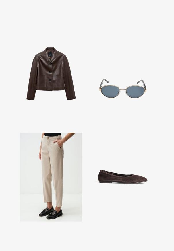 Braune Leder-Cropped-Jacke mit Spitzkragen, drei Knöpfen und zwei vorderen Taschen. Glatte Textur mit strukturierter Form.; Brauner schulterfreier Body mit quadratischem Ausschnitt, aus weichem Stoff gefertigt. Verfügt über einen Druckknopfverschluss am Boden und eine taillierte Silhouette.; Beige maßgeschneiderte Hose mit seitlichen Taschen, schmalem Schnitt und einem Knopfverschluss an der Taille, kombiniert mit schwarzen Slippern mit Quastenverzierung.; Braune Wildleder-Ballerinas mit spitzem Absatz und niedrigem Profil. Verfügt über eine glatte Textur und ein minimalistisches Design. Keine sichtbaren Beschläge oder Akzente.; Eckige Sonnenbrille mit dunklen Gläsern, goldenen Metallrahmen und grauen Bügeln. Die Rahmen zeichnen sich durch ein minimalistisches Design mit einem dezenten Brückenakzent aus.