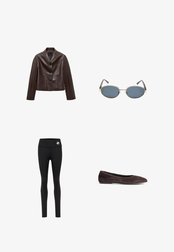 Braune Leder-Cropped-Jacke mit Spitzkragen, drei Knöpfen und zwei vorderen Taschen. Glatte Textur mit strukturierter Form.; Brauner schulterfreier Body mit quadratischem Ausschnitt, aus weichem Stoff gefertigt. Verfügt über einen Druckknopfverschluss am Boden und eine taillierte Silhouette.; Schwarze Fitness-Leggings mit hohem Bund, aus dehnbarem Material gefertigt, mit einem kleinen weißen Logo am Bund. Glatte Textur im gesamten Bereich.; Braune Wildleder-Ballerinas mit spitzem Absatz und niedrigem Profil. Verfügt über eine glatte Textur und ein minimalistisches Design. Keine sichtbaren Beschläge oder Akzente.; Eckige Sonnenbrille mit dunklen Gläsern, goldenen Metallrahmen und grauen Bügeln. Die Rahmen zeichnen sich durch ein minimalistisches Design mit einem dezenten Brückenakzent aus.