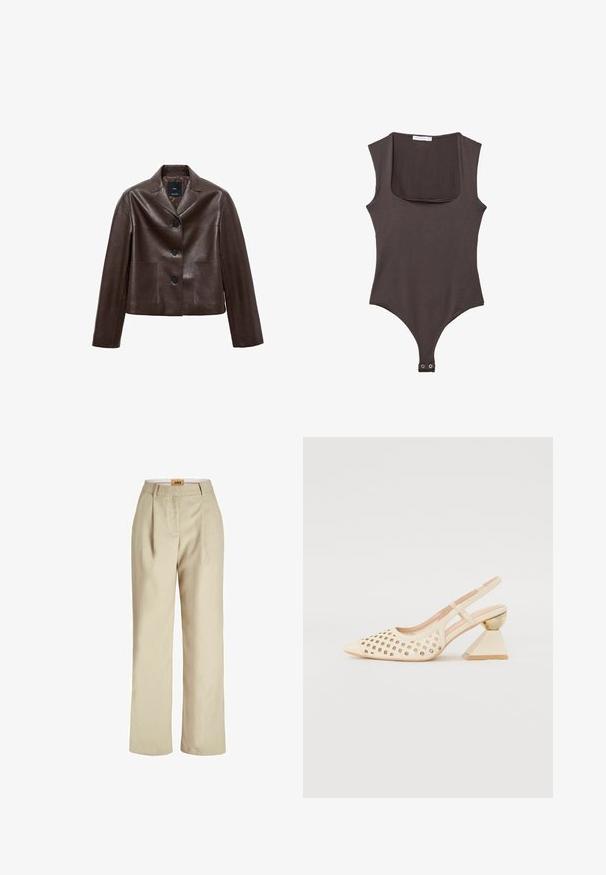 Giacca cropped in pelle marrone con colletto a revers, tre bottoni e due tasche frontali. Texture liscia con una forma strutturata.; Body marrone senza maniche con scollatura quadrata, realizzato in tessuto morbido. Presenta una chiusura con snap nella parte inferiore e una silhouette aderente.; Pantaloni beige a gamba larga realizzati in tessuto leggero. Presentano pinces frontali, una vita liscia e un'etichetta all'interno della vita.; Scarpa slingback beige con tomaia perforata, punta affilata e un tacco triangolare a contrasto con un accento dorato. Texture liscia nel complesso.