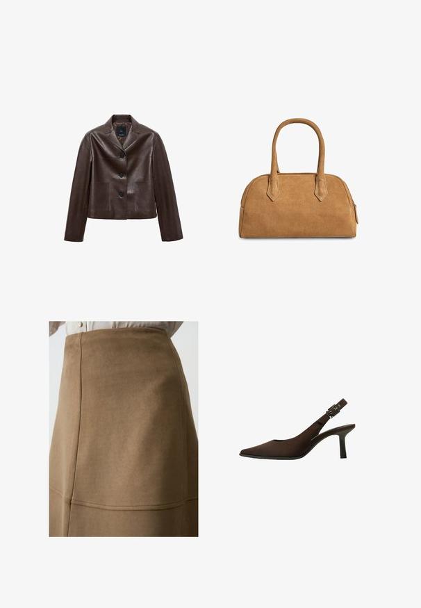 Bruine leren cropped jack met een notch-kraag, drie knopen en twee voortassen. Glad textuur met een gestructureerde vorm.; Bruine mouwloze top van lichte stof met een gedrapeerd ontwerp en zijaccent, voorzien van een ronde halslijn en subtiele textuur.; Bruine suède rok met een gladde textuur en zichtbare naaddetails, met een hoge taille en A-lijnontwerp.; Bruine suede slingback pump met een spitse neus, slank ontwerp, dunne hak en een gespaccent op de enkelband.; Tan leren handtas met een gestructureerde vorm, voorzien van twee handgrepen, driehoekige uitsparingen en een rits aan de bovenkant voor sluiting.