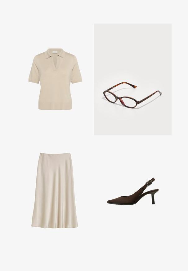 Ruskea nahkainen lyhyt takki, jossa on lovettu kaulus, kolme nappia ja kaksi etutaskua. Sileä pinta ja jämäkkä muoto.; Beige neulepikku pusero, jossa on V-pääntie ja lyhyet hihat. Ominaisuuksiin kuuluu kaulus ja ribattu helma, valmistettu pehmeästä, teksturoidusta kankaasta.; Kreemi värvi satiinhargnen seelik voolava siluetiga. Omab siledat tekstuuri ja elastset vöökohta mugavuse tagamiseks. Ei sisalda lisadetaile.; Ruskeat mokkasandaalit, joissa on kapea kärki, tyylikäs muotoilu, ohut korko ja soljellinen yksityiskohta nilkkaremmissä.; Silmät, joissa on pyöreät linssit ja kilpikonnakuvioinen kehys, jossa on tummanvärisiä osia sekä vaaleita ja tummia ruskeita kuvioita, sekä ohuet, kaarevat templet.; Vaaleanbeige nahkainen olkalaukku, jossa on kuu-ukko muoto, sileä pinta ja yksi kaareva kahva. Varusteena vetoketjukiinnitys ja siisti ompelu.