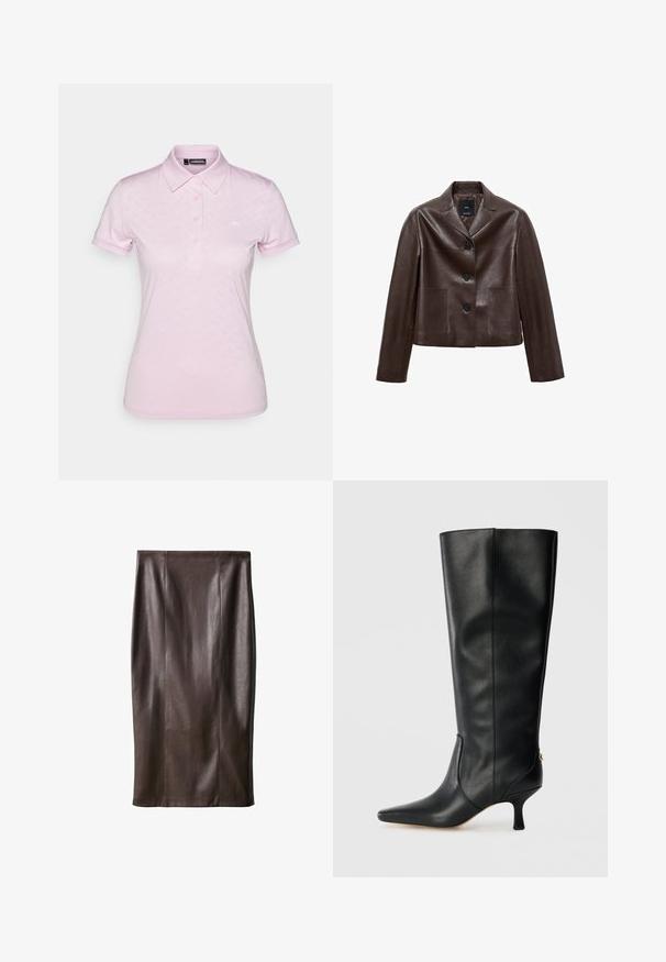 Hnedá kožená skrátená bunda s výrezovým golierom, tromi gombíkmi a dvoma prednými vreckami. Hladká textura s mohutným tvarom.; J.LINDEBERG Sports ALAYA - Polokošeľa - nosegay; Hnedá kožená sukňa na ceruzku s hladkou textúrou, po kolená, s vertikálnymi švami pre dizajn. Bez ďalších kovových prvkov alebo akcentov.; Čierne kožené vysoké čižmy po kolená s špicatou špičkou, elegantným dizajnom a zúženým 7,5 cm podpätkom. Na zadnej strane je zlatý akcent.