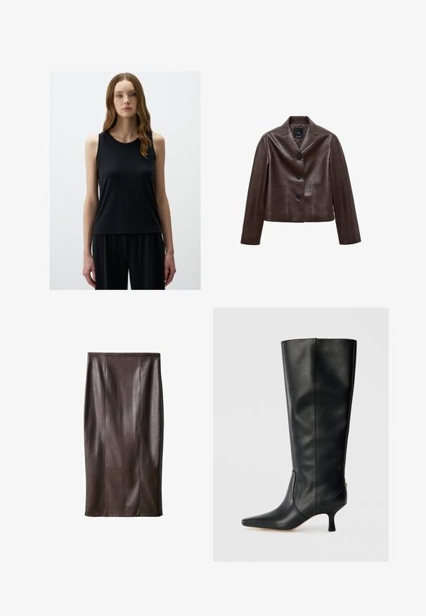 Bruine leren cropped jack met een notch-kraag, drie knopen en twee voortassen. Glad textuur met een gestructureerde vorm.; Zwart mouwloos topje van een soepele stof, met een ronde halslijn en een ontspannen pasvorm, gedragen met bijpassende zwarte broek.; Bruine leren kokerrok met een gladde textuur, knie-lang, met verticale naden voor het ontwerp. Geen extra hardware of accenten.; Zwarte leren kniehoge laars met een spitse neus, slank ontwerp en een taps toelopende hak van 7,5 cm. Voorzien van een gouden accent aan de achterkant.