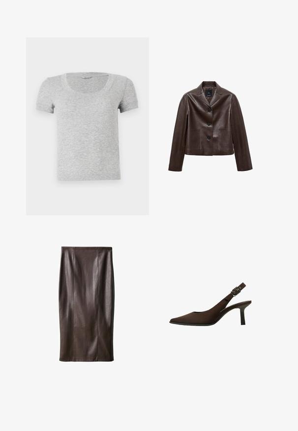 Brun læder cropped jakke med en spids krave, tre knapper og to forlommer. Glat tekstur med en struktureret form.; Grå T-shirt med korteærmer og rund hals, lavet af blød, tekstureret stof. Den har et standardfit design og enkle syninger.; Brun læderblyantskørt med en glat tekstur, knælangt, med vertikale sømme for design. Ingen yderligere hardware eller accenter.; Brune suede slingback stiletto med spids tå, slankt design, tynd hæl og en spændeaccent på ankelremmen.