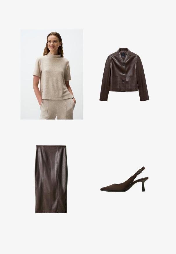 Brązowa skórzana kurtka o kroju krótkim z klapami, trzema guzikami i dwoma przednimi kieszeniami. Gładka faktura z wyraźnie zarysowanym kształtem.; Beżowa bluzka z krótkim rękawem i wysokim dekoltem, wykonana z miękkiego, teksturowanego materiału. Posiada boczne rozcięcia oraz luźny krój.; Brąskowy skórzany ołówkowy spódniczka o gładkiej fakturze, sięgająca do kolan, z pionowymi szwami w celu podkreślenia designu. Brak dodatkowych elementów lub akcentów.; Brązowe zamszowe czółenka na pasek z odkrytą piętą, z wydłużonym noskiem, eleganckim fasonem, cienką szpilką oraz z akcentem klamry na pasku wokół kostki.