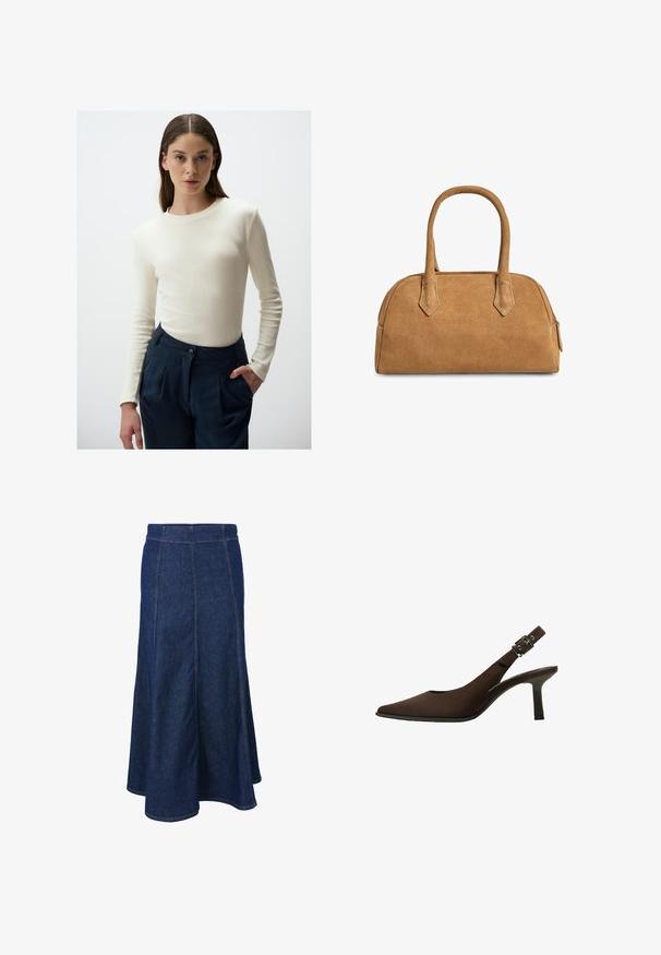 Veste courte en cuir marron avec un col cranté, trois boutons et deux poches avant. Texture lisse avec une forme structurée.; Haut crème à manches longues et côtelé assorti à un pantalon taille haute bleu marine, doté d'un détail de bouton et de poches latérales. Design épuré et texture lisse.; Jupe en denim avec une taille ajustée, une coupe évasée et des détails de couture visibles. Couleur bleu foncé avec une texture lisse et des fentes latérales.; Escarpin slingback en daim marron avec un bout pointu, un design épuré, un talon fin et un accent de boucle sur la bride de cheville.; Sac à main en suède beige avec une forme structurée, doté de deux poignées et découpes triangulaires, avec une fermeture éclair sur le dessus.