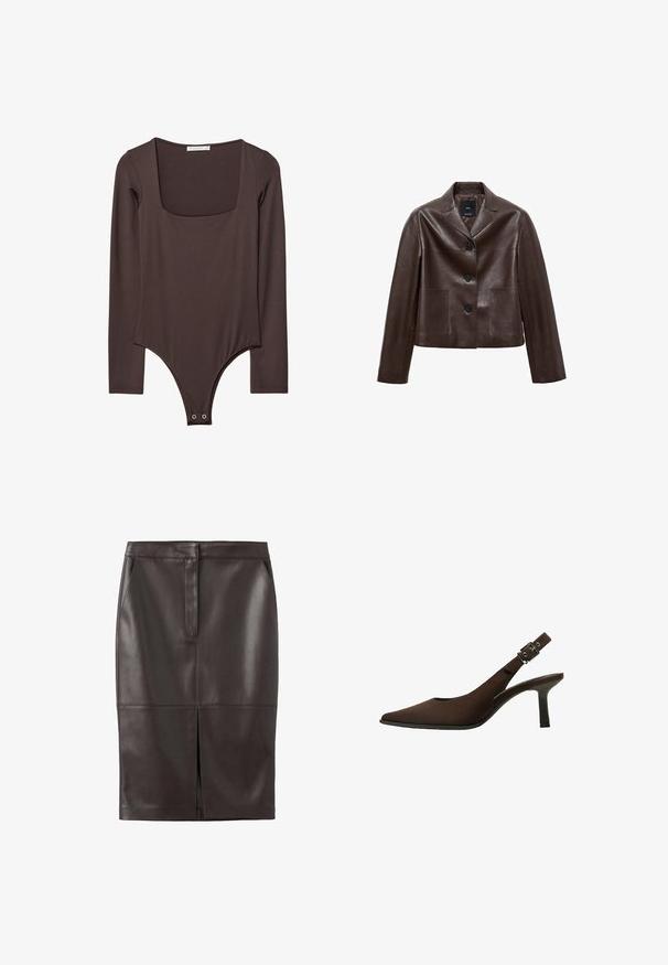 Hnědá kožená zkrácená bunda s klopovým límcem, třemi knoflíky a dvěma předními kapsami. Hladká textura se strukturovaným tvarem.; Hnědý dlouhý rukáv bodysuit s čtvercovým výstřihem a patentkami v rozkroku, vyrobený z hladkého, elastického materiálu.; Hnědá kožená tužková sukně s hladkou texturou, vpředu rozparkem a dvěma postranními kapsami; přiléhavý střih s prošívanými detaily.; Hnědé semišové slingback lodičky s špičatou špičkou, elegantním designem, tenkým podpatkem a spony na kotníkovém popruhu.