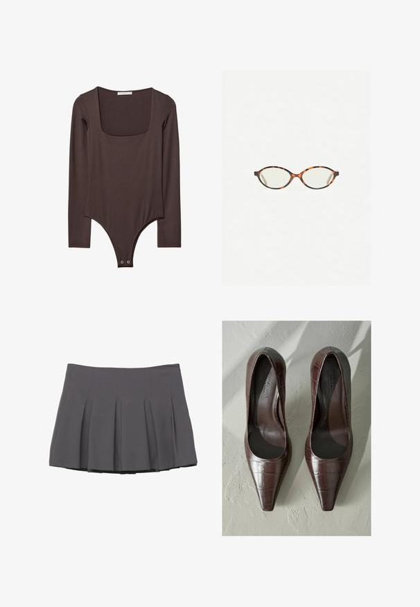 Hnědá kožená zkrácená bunda s klopovým límcem, třemi knoflíky a dvěma předními kapsami. Hladká textura se strukturovaným tvarem.; Hnědý dlouhý rukáv bodysuit s čtvercovým výstřihem a patentkami v rozkroku, vyrobený z hladkého, elastického materiálu.; Šedá plisovaná sukně s hladkým povrchem, zdobená prošitými detaily a přiléhavým pasem, končící v polovině stehna.; Hnědé lakované lodičky s špičatou špičkou, se strukturou krokodýlí kůže a hladkým interiérem. Navrženo pro elegantní vzhled.; Želvovinové brýle s oválnými čočkami a hladkým, jemným povrchem. Má tenké bočnice s jemným zakřivením v chrámcích. Čiré čočky.; Černá kožená kabelka přes rameno s hladkým povrchem, zakřiveným tvarem a jedním nastavitelným popruhem, který je zdoben zlatými kovovými prvky a brandovaným detailem.