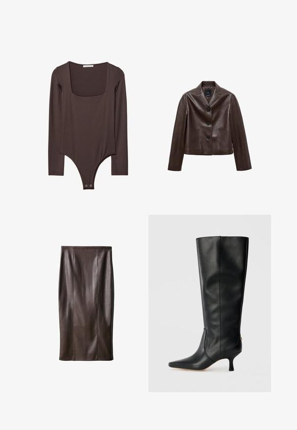 Hnedá kožená skrátená bunda s výrezovým golierom, tromi gombíkmi a dvoma prednými vreckami. Hladká textura s mohutným tvarom.; Hnedý body s dlhým rukávom a štvrtkovým výstrihom, s patentkami v rozkroku, vyrobené z hladkej, elastickej tkaniny.; Hnedá kožená sukňa na ceruzku s hladkou textúrou, po kolená, s vertikálnymi švami pre dizajn. Bez ďalších kovových prvkov alebo akcentov.; Čierne kožené vysoké čižmy po kolená s špicatou špičkou, elegantným dizajnom a zúženým 7,5 cm podpätkom. Na zadnej strane je zlatý akcent.