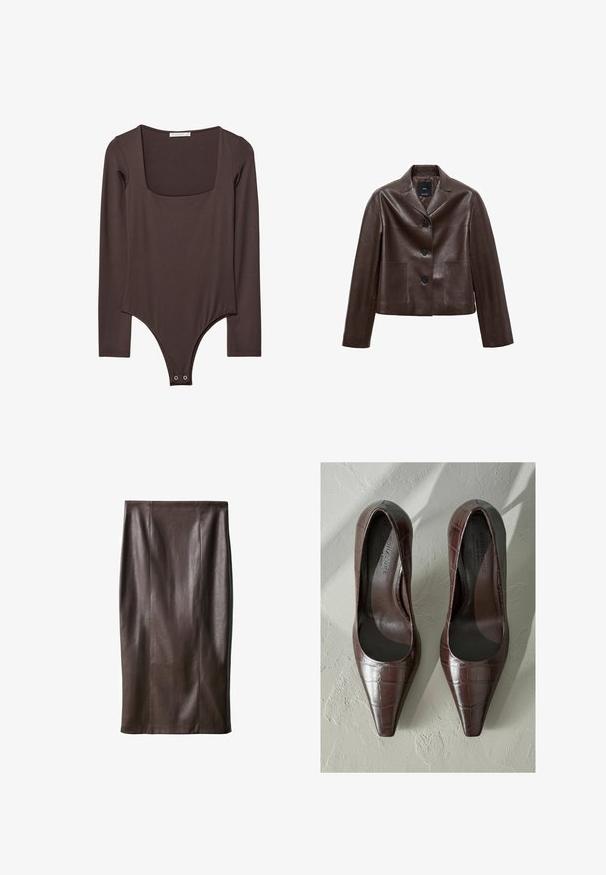 Brązowa skórzana kurtka o kroju krótkim z klapami, trzema guzikami i dwoma przednimi kieszeniami. Gładka faktura z wyraźnie zarysowanym kształtem.; Brązowy body z długim rękawem, z kwadratowym dekoltem i zatrzaskami w okolicy krocza, wykonane z gładkiego, elastycznego materiału.; Brąskowy skórzany ołówkowy spódniczka o gładkiej fakturze, sięgająca do kolan, z pionowymi szwami w celu podkreślenia designu. Brak dodatkowych elementów lub akcentów.; Brązowe lakierowane szpilki z ostro zakończonym noskiem, z teksturą krokodyla i gładkim wnętrzem. Zaprojektowane z myślą o eleganckim wyglądzie.