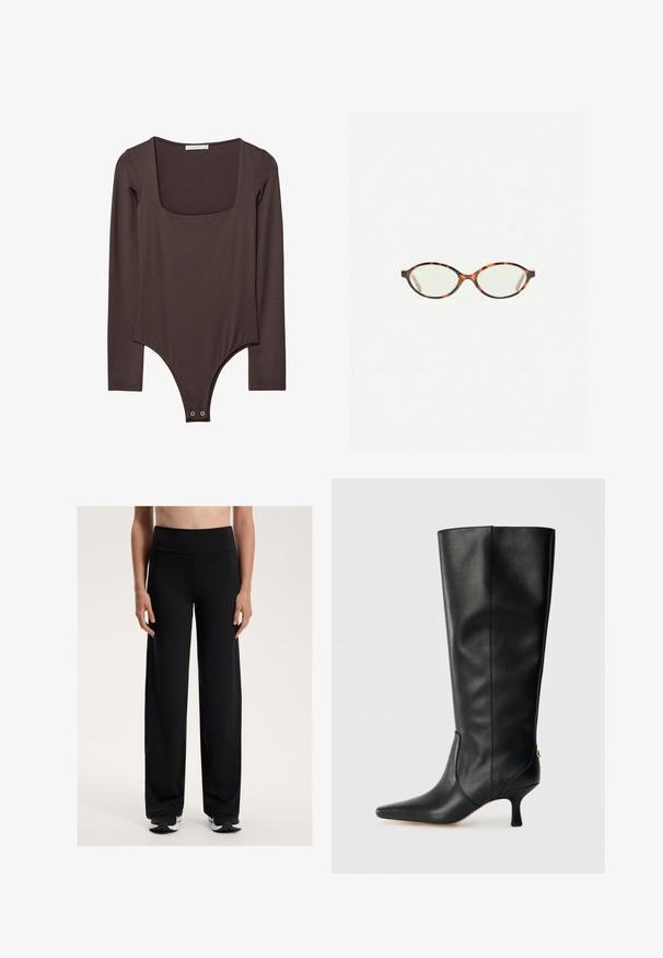 Giacca cropped in pelle marrone con colletto a revers, tre bottoni e due tasche frontali. Texture liscia con una forma strutturata.; Body marrone a maniche lunghe con scollo quadrato e chiusure a scatto all'inguine, realizzato in un tessuto liscio e elastico.; Pantaloni sportivi neri a gamba larga con vita alta. Realizzati in un tessuto liscio ed elastico, presentano una vestibilità comoda e una trama sottile.; Stivale alto in pelle nera con punta affusolata, design elegante e tacco a cono di 3 pollici. Caratterizzato da un accento dorato sul retro.; Occhiali in tartaruga con lenti ovali e una finitura liscia e elegante. Presentano aste sottili con una leggera curva alle tempie. Lenti trasparenti.